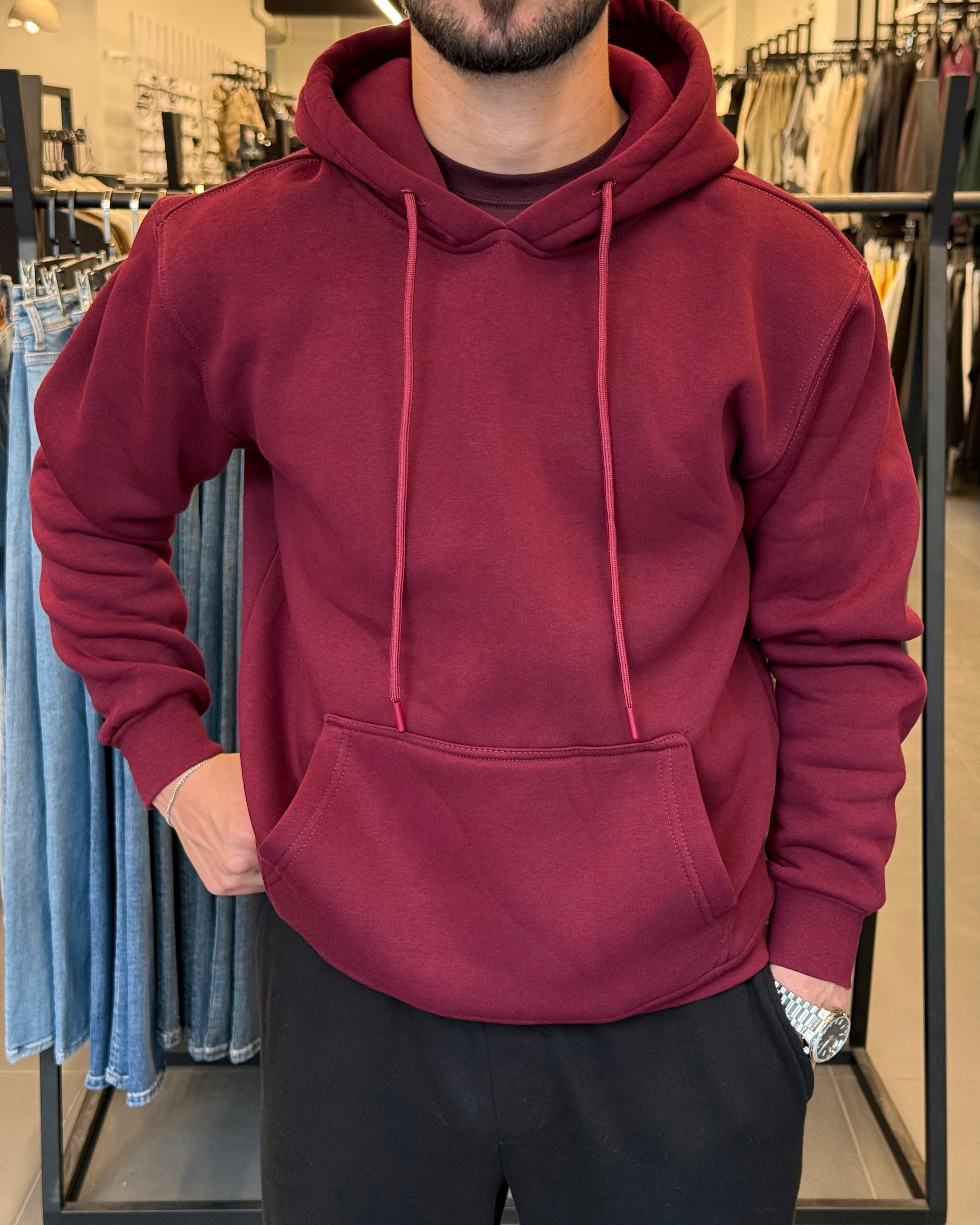 3 İplik Şardonlu Kapşonlu Sweat - Bordo