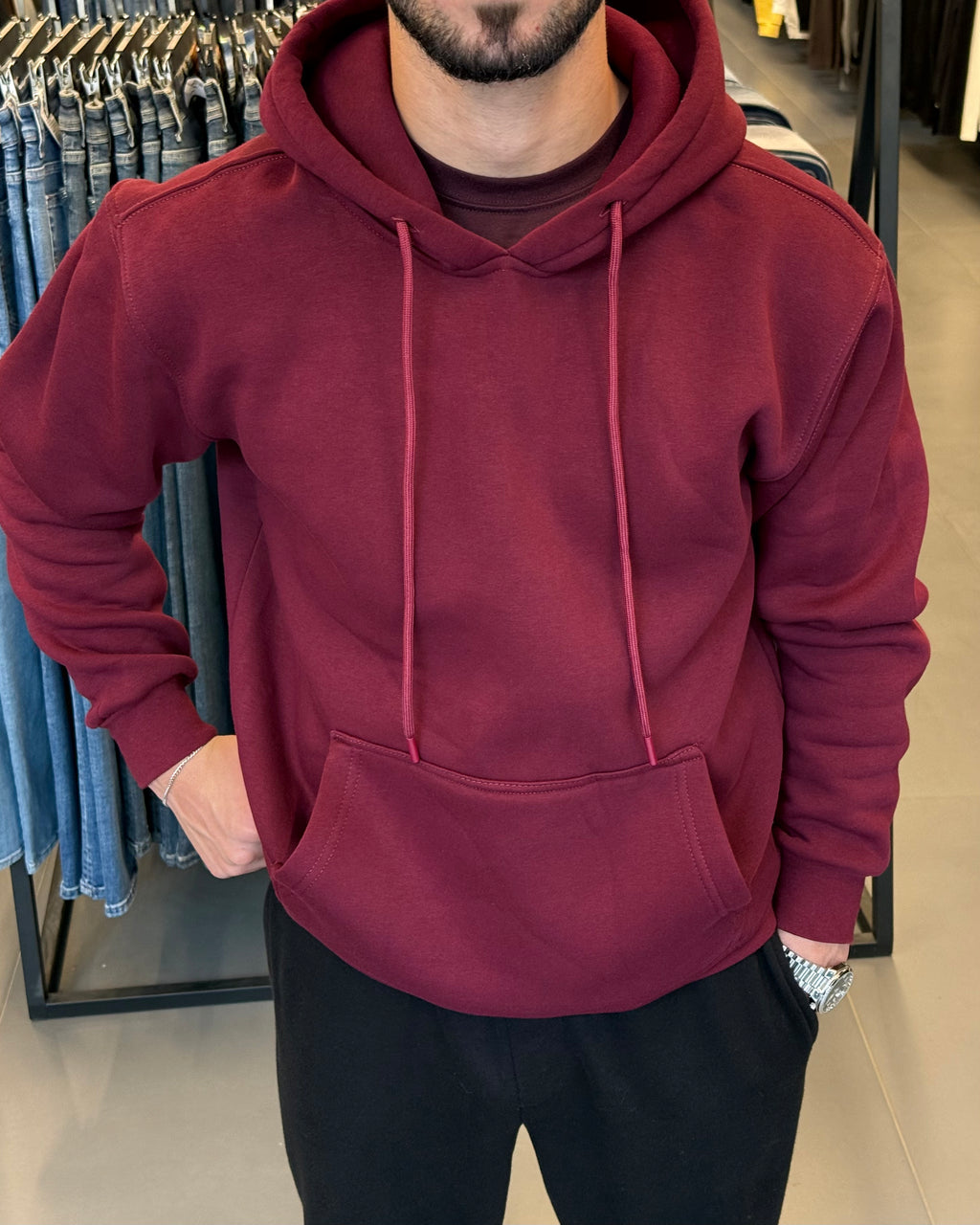 3 İplik Şardonlu Kapşonlu Sweat - Bordo