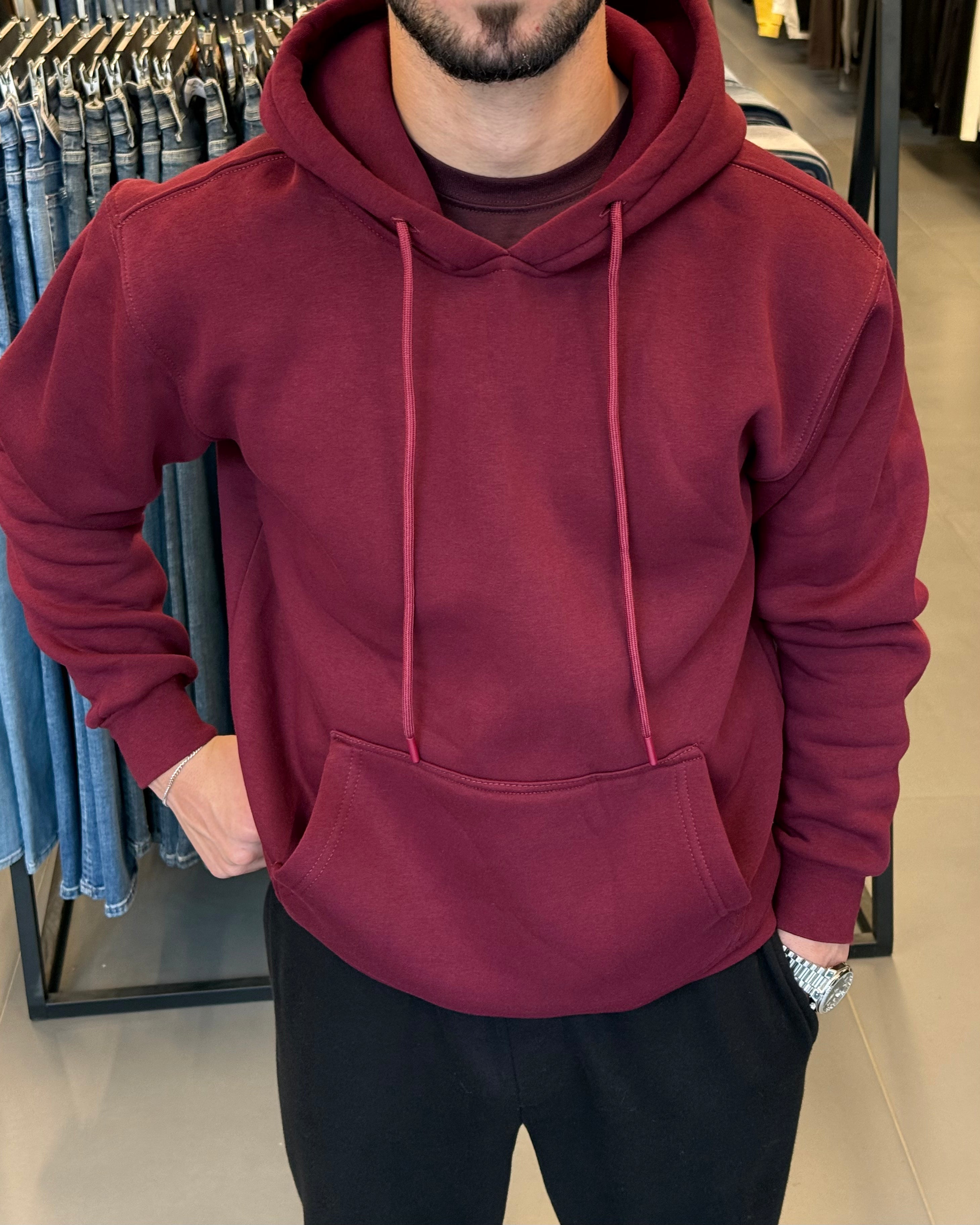 3 İplik Şardonlu Kapşonlu Sweat - Bordo